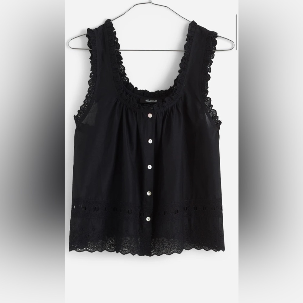Madewell embroidered ruffle trim top, size M